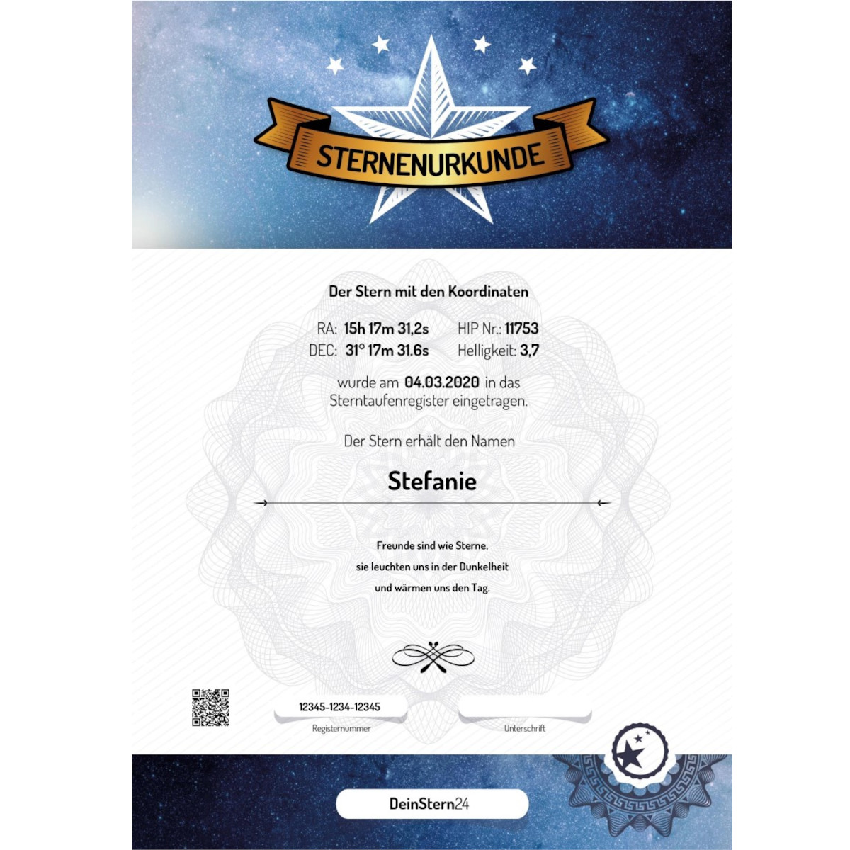 Certificat de baptême d'étoile officiel petit