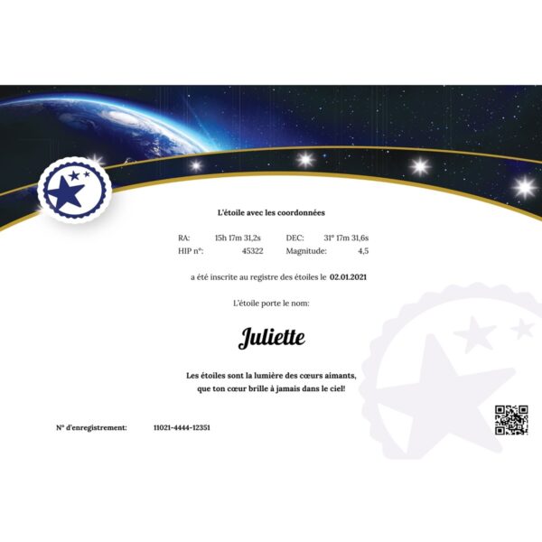 Baptême en étoile Certificat Terre petit