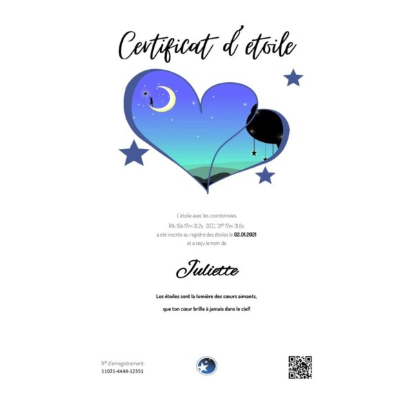 Baptême en étoile Certificat Coeurs Amour petit