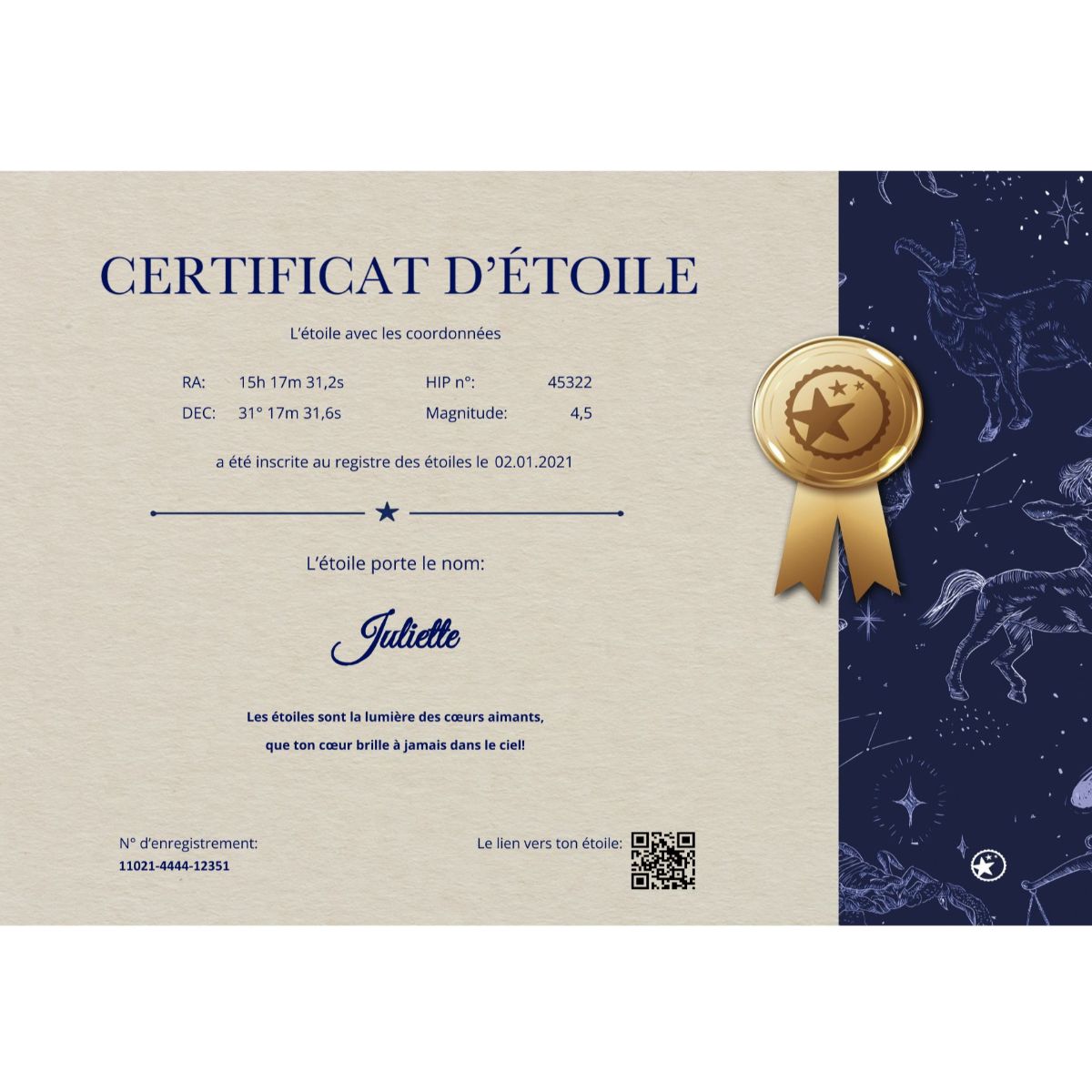 Certificat de baptême en étoile avec sceau petit