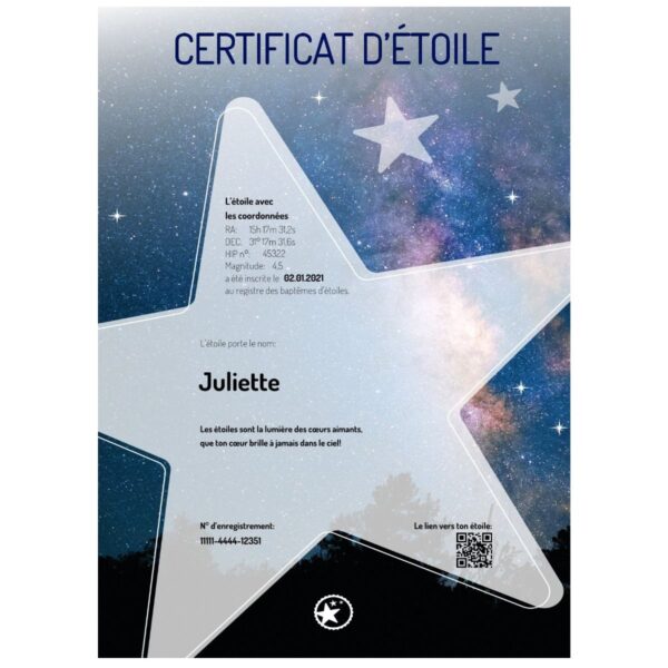Certificat de baptême étoile Petite étoile