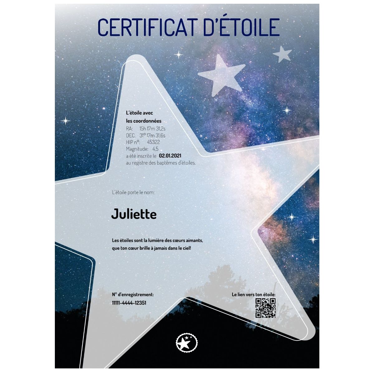 Certificat de baptême étoile Petite étoile